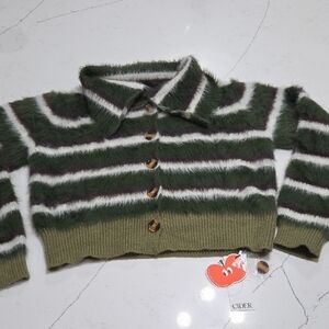 Cider Fuzzy Green and White Striped Cardigan Sz Small NEW WITH TAG